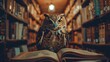 Owl as a librarian overseeing an ancient library filled with mystical books under moonlight