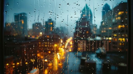 Fototapete - A rain-spattered windowpane revealing a blurred view of a city skyline, capturing the moodiness of a rainy day.