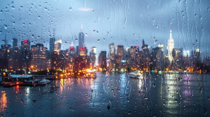 Canvas Print - A rain-spattered windowpane revealing a blurred view of a city skyline, capturing the moodiness of a rainy day.