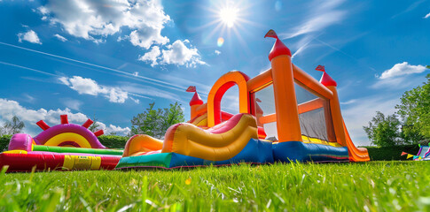 Inflatable bouncy castle on grass in a sunny day, outdoor playground with a colorful inflatable house and slide for kids