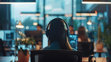 Back shot photo of data analyst, trader, programmer, financial advisor, help desk agent in front of a computer	