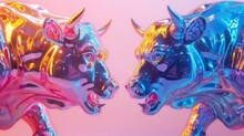 Two Holographic Bulls In Vivid Colors Face Off Against Each Other On A Vibrant Pink Background, Representing Market Competition.