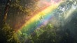 A rainbow stretching across a misty forest canopy, with sunlight filtering through the trees and creating a magical ambiance in the woodland.