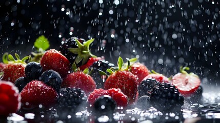 Aufkleber - A refreshing splash of water droplets falling onto a pile of ripe, succulent berries, enhancing their natural sweetness and juiciness.