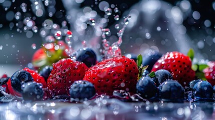 Aufkleber - A refreshing splash of water droplets falling onto a pile of ripe, succulent berries, enhancing their natural sweetness and juiciness.