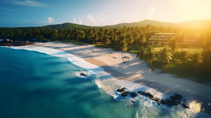 Aerial view of the beautiful beach at sunset. Panoramic image.