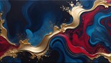 Fototapeta Kwiaty - Regal fluid tableau, Midnight blue and crimson alcohol ink with glistening gold paint strokes, resembling the opulence of a royal tapestry unfurled over water textured with marble veining.