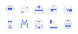 Fototapeta Big Ben - Safety icon set. Duotone style line stroke and bold. Vector illustration. Containing worker, helmet, boot, welding mask, life jacket, safety harness, handle, racing helmet, samurai.