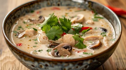 A steaming hot bowl of comforting Tom Kha Gai soup, filled with tender chicken, mushrooms, and aromatic coconut milk broth.