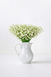 Lilies of the valley in a white jug on a white background without leaves, isolated.