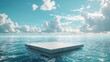White marble podium floating on water with blue sky and clouds background.