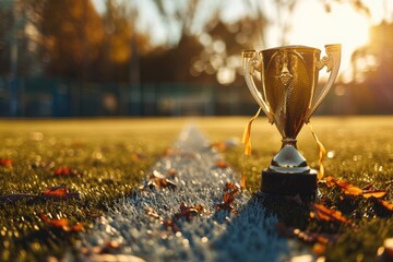 Golden trophy cup on a football field,Golden trophy on a stadium field with blurred lights in the background,  AI generated