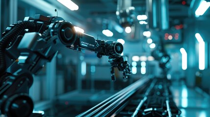 Wall Mural - High-Tech Robotic Arm Assembly Line in a Futuristic Factory