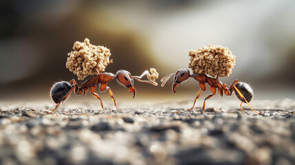 Wall Mural - Two ants carrying a large object. The ants are small and brown. The image has a playful and lighthearted mood. 2 ants carrying crumbs on their backs