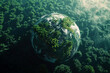 Ecosystem and healthy environment concept. Aerial top view green forest with globe earth, Green planet. Save Earth, Texture of forest. Ecological travel, conservation, climate change, global warming