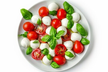 Plate of delicious Caprese salad with tomatoes, mozzarella balls, and basil on a white background, top view.