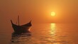 A traditional wooden fishing boat silhouetted against the golden hues of a sunrise over the vast ocean expanse.