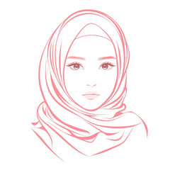 Wall Mural - Colorful vector illustration of minimal model girl wearing hijab, battoulah, bindi. Profile image of gorgeous fashionista anime female in abstract and minimal style. AI Generative