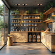 Sleek Wooden Kitchen with Sunlit Herb Plants.Sleek Wooden Kitchen with Sunlit Herb Plants.