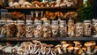Farmers market stall with lots of dried mushrooms