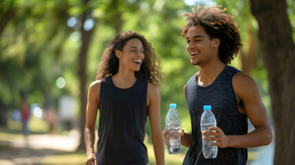 Wall Mural - Two young people man and woman wearing sportswear athletic black tshirts, walking, jogging outdoors on a sunny summer day and holding plastic water bottles, break for hydration