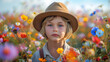 a young boy standing in a field of wildflowers 