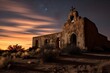 A Serene Adobe Church Nestled in the Heart of a Desert Landscape Under a Brilliantly Starlit Night Sky