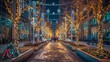 An urban plaza lined with sleek modern buildings lit up with festive holiday lights, spreading cheer and joy throughout the city.
