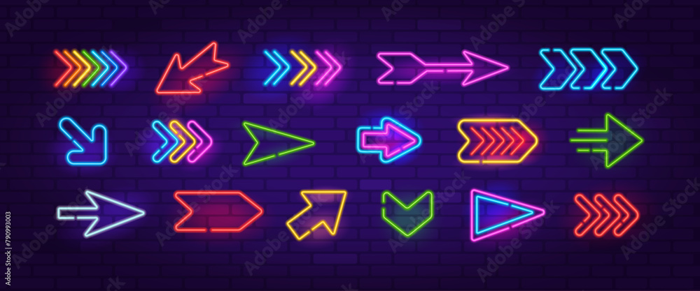 Vector Neon Arrow Sign set 7 on brick wall background. Retro neon icons ...