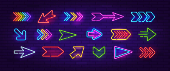 Wall Mural - Vector Neon Arrow Sign set 7 on brick wall background. Retro neon icons set of arrow symbol, pointer icons, cursor. Colorful glowing light arrow banner, emblem for club or bar