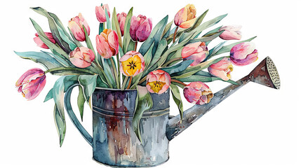 Poster - Watercolor illustration of beautiful tulips in a watering can