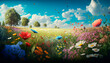 Colorful flower meadow in spring. Generative AI,