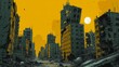 Post-apocalyptic cityscape with dramatic yellow skyline and moon