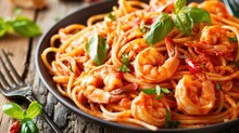 Close Up Top View Of Spicy Shrimp Spaghetti In Tomato Sauce On A Plate