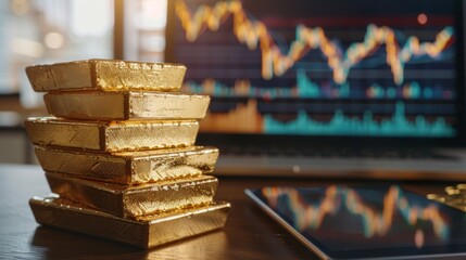 Poster - Gold bullion bars stacked neatly on a desk with a tablet displaying real-time market data in the background.