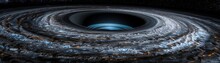 Black Hole With Gray Glow Inside, Dark Background, Blue Spiral Lines In The Center Of Black Void
