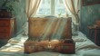 Vintage suitcase open on a floral bedspread in sunlit room, travel nostalgia