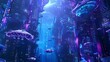 Bring marine life to a new dimension with a worms-eye view terraforming scene Utilize electric blue hues to enhance the hacker-themed atmosphere, adding mystery and intrigue Incorporate a fortune cook
