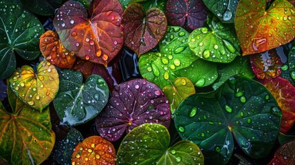 Aufkleber - Rain-splattered leaves in a variety of vibrant hues, showcasing nature's resilience and beauty in the rain.