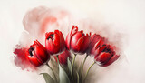 Fototapeta Tulipany - Czerwone tulipany, wiosenne kwiaty akwarela