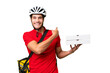 © luismolinero - Pizza delivery man with work uniform picking up pizza boxes over isolated background pointing back