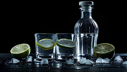 Wall Mural - Bottle and glasses of vodka with lime on black background