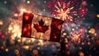 A waving Canadian flag with lively highlights and fireworks lights on a night background. Ideal for the holidays, with space for text on the right