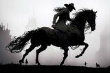 Fototapeta  - A man is riding a horse in a foggy, dark setting