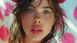 © Another vision - Close-up portrait of a young girl with freckles, wet face, and teary eyes, surrounded by pink balloons.