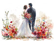 © garpinina - Delicato acquerello raffigurante una coppia abbracciata tra fiori in fiore, coppia di sposi, amore e matrimonio