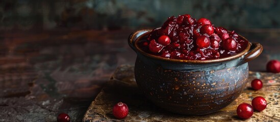 Wall Mural - Cranberry sauce in a ceramic pot against a dark backdrop