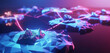 Low poly islands floating in a neon cosmos, each connected by light bridges of data, showcasing the unity of communication in a fragmented digital universe