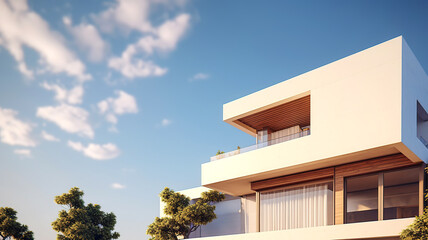 Close up of luxury house, white villa with balcony, terrace over blue sky. Minimalist architecture background with copy space.