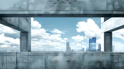Wall Mural - Futuristic cityscape viewed from a concrete bridge. Modern architecture under a cloudy sky. Urban exploration. Perfect for background use. AI